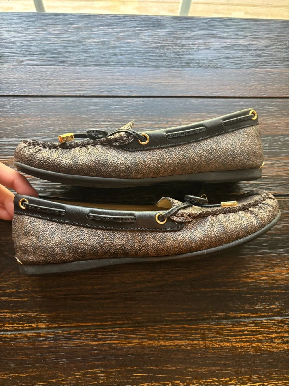 Michael Kors Women’s Dark Brown Leather Moccasin Loafers with Gold Accents